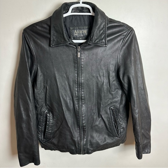 Arrow Leather Bomber Jacket Men's Size Medium Black Moto Medium Weight Lined - Picture 1 of 10